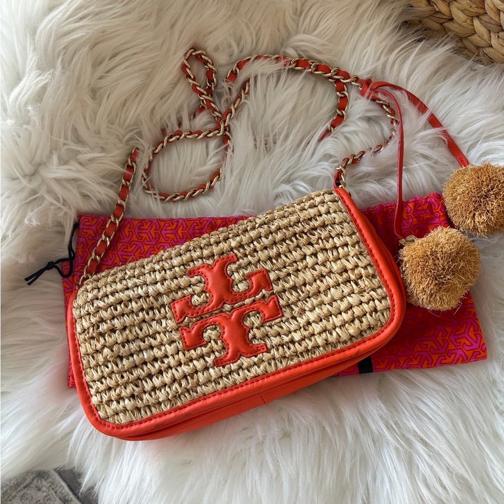 Tory Burch Raffia Orange Leather Gold Chain Pom Crossbody Bag